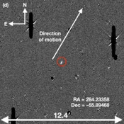 Top left panel: a median combination stack of 11 x 75 s g filter images of 2024 PT5. An arrow indicating the width of 10″ is shown for scale, and the cardinal directions are indicated. Top right panel: a median combination stack of 5 x 50 s r filter images of 2024 PT5. Bottom left panel: a median combination stack of 2 x 60 s i filter images of 2024 PT5. Bottom right panel: a median combination stack of 2 x 60 s Z filter images of 2024 PT5. The image scale and cardinal in the r, i, and Z stacks are the same as in the g image stack.